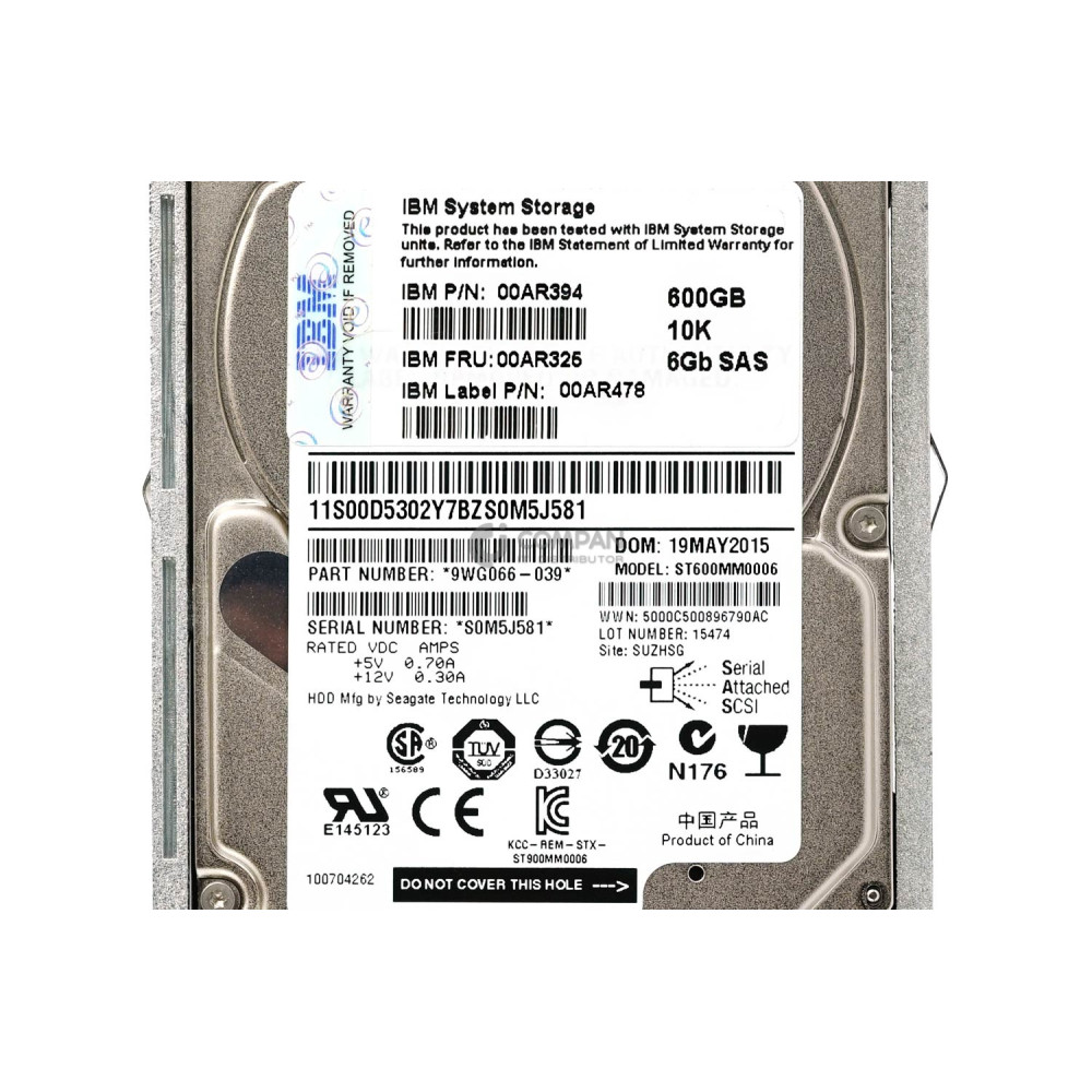 00AR325 IBM HDD 600GB 10K SAS 6G 2.5" SFF FOR STORWIZE V7000